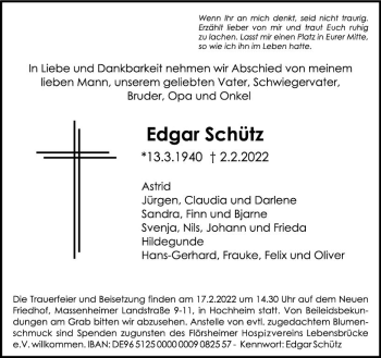 Traueranzeige von Edgar Schütz von vrm-trauer Hochheimer Zeitung