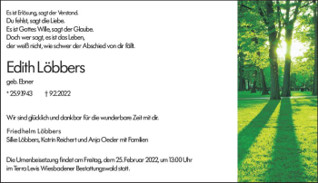 Traueranzeige von Edith Löbbers von vrm-trauer Wiesbadener Kurier