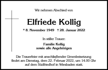 Traueranzeige von Elfriede Kollig von vrm-trauer Wiesbadener Kurier