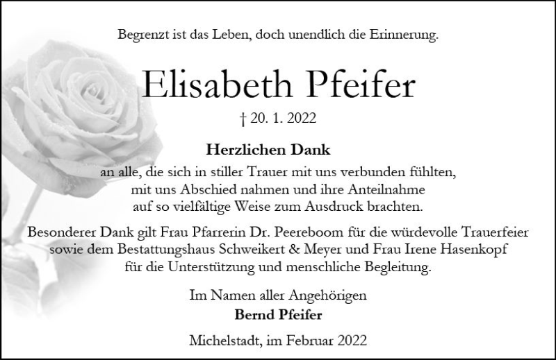  Traueranzeige für Elisabeth Pfeifer vom 26.02.2022 aus vrm-trauer Odenwälder Echo