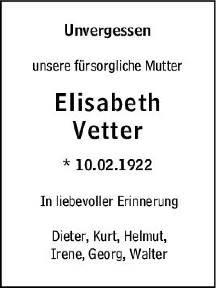  Traueranzeige für Elisabeth Vetter vom 10.02.2022 aus vrm-trauer Odenwälder Echo