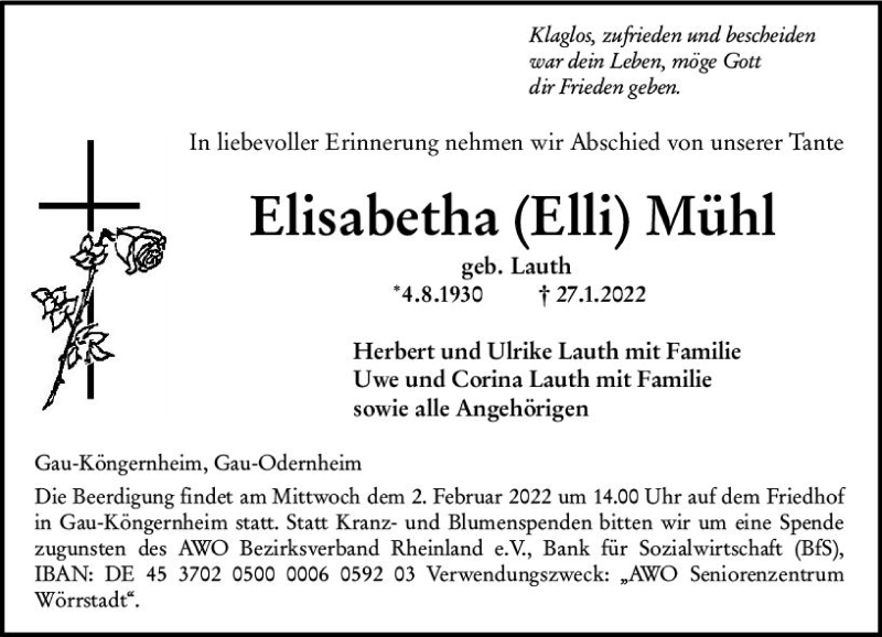  Traueranzeige für Elisabetha Mühl vom 01.02.2022 aus vrm-trauer Allgemeine Zeitung Alzey