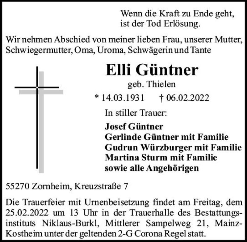  Traueranzeige für Elli Güntner vom 19.02.2022 aus vrm-trauer AZ Mainz