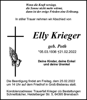 Traueranzeige von Elly Krieger von vrm-trauer Darmstädter Echo