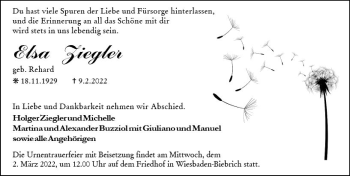 Traueranzeige von Elsa Ziegler von vrm-trauer Wiesbadener Kurier