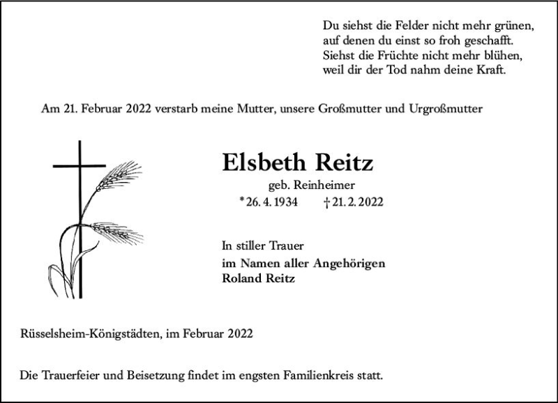  Traueranzeige für Elsbeth Reitz vom 26.02.2022 aus vrm-trauer Rüsselsheimer Echo / MainSpitze