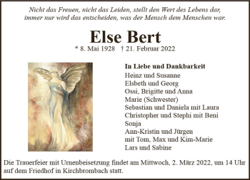 Traueranzeige von Else Bert von vrm-trauer Odenwälder Echo
