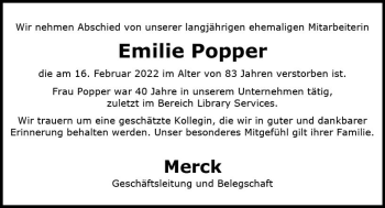 Traueranzeige von Emilie Popper von vrm-trauer Darmstädter Echo