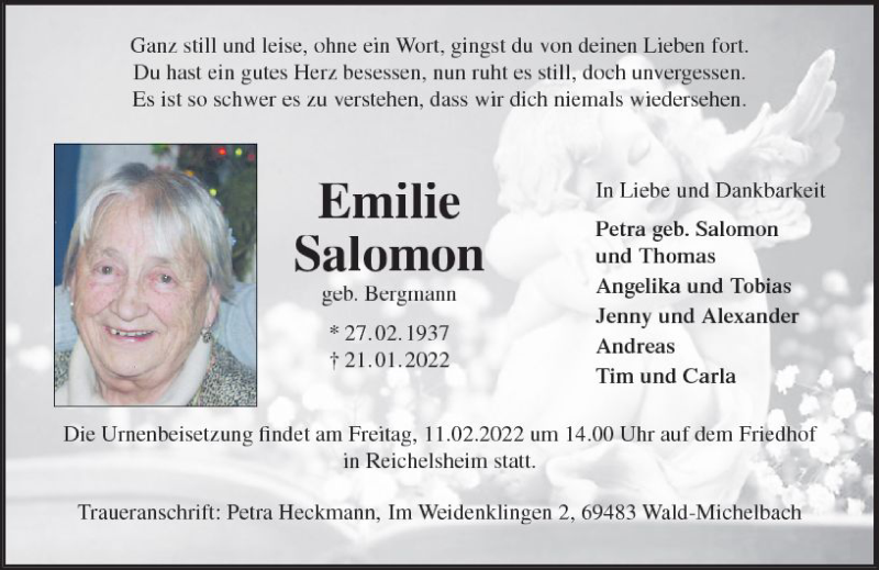  Traueranzeige für Emilie Salomon vom 09.02.2022 aus vrm-trauer Odenwälder Echo