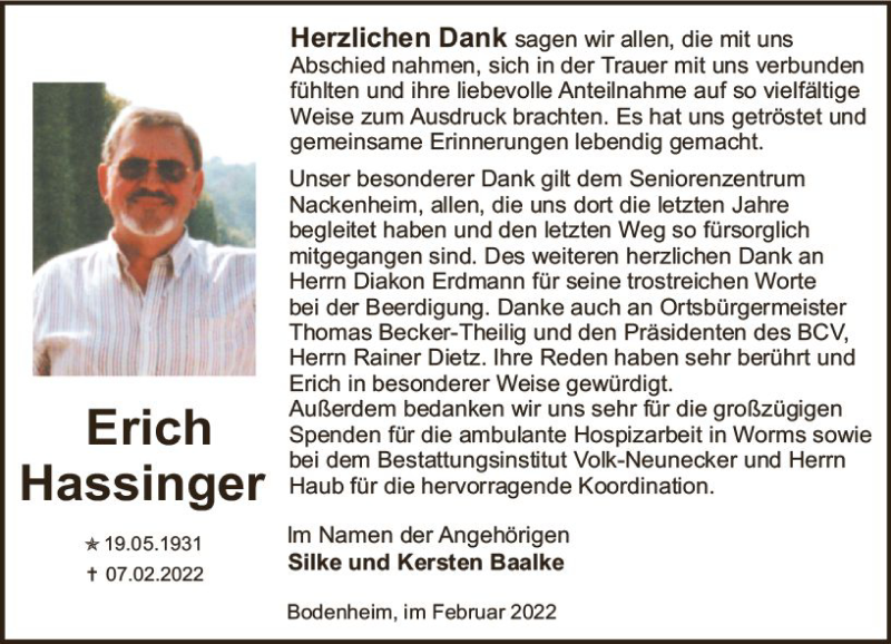  Traueranzeige für Erich Hassinger vom 26.02.2022 aus vrm-trauer AZ Mainz