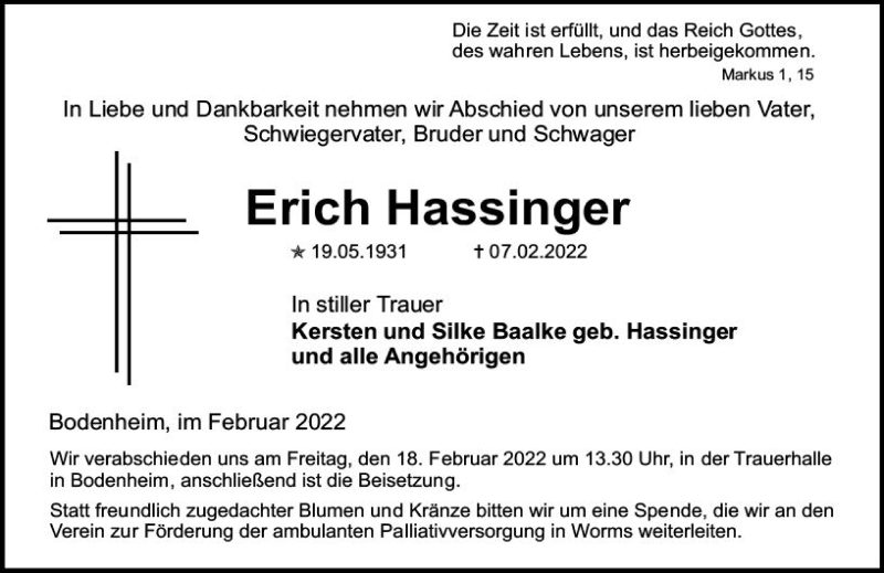  Traueranzeige für Erich Hassinger vom 12.02.2022 aus vrm-trauer AZ Mainz