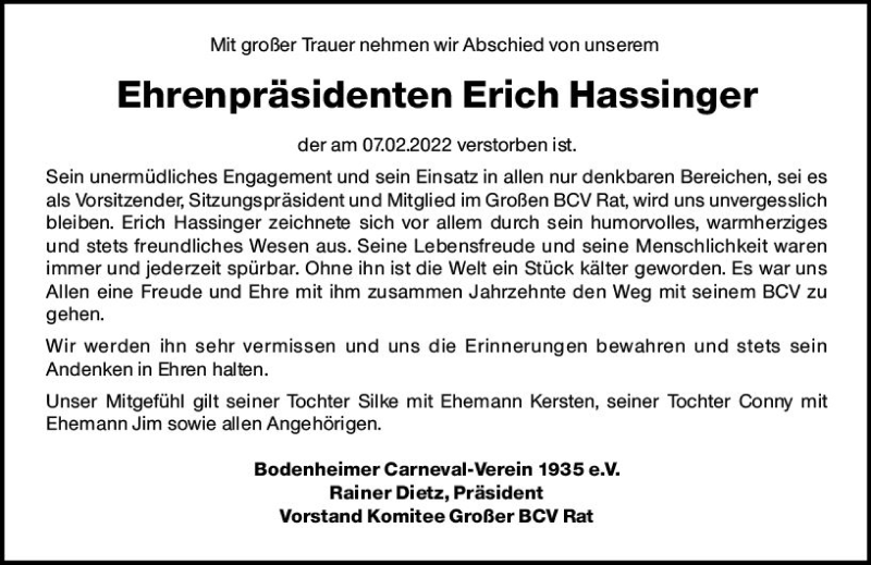  Traueranzeige für Erich Hassinger vom 12.02.2022 aus vrm-trauer AZ Mainz