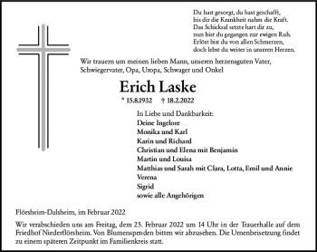 Traueranzeige von Erich Laske von vrm-trauer Wormser Zeitung