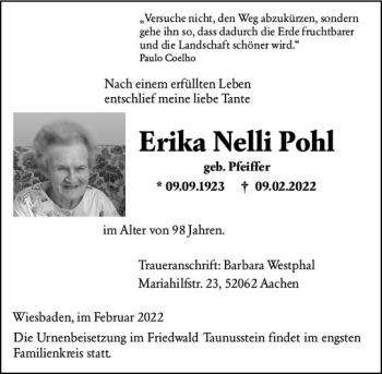 Traueranzeige von Erika Nelli Pohl von vrm-trauer Wiesbadener Kurier