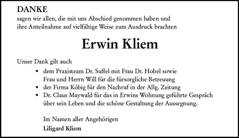  Traueranzeige für Erwin Kliem vom 26.02.2022 aus vrm-trauer Allgemeine Zeitung Alzey