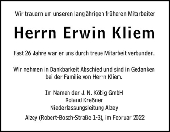 Traueranzeige von Erwin Kliem von vrm-trauer Allgemeine Zeitung Alzey