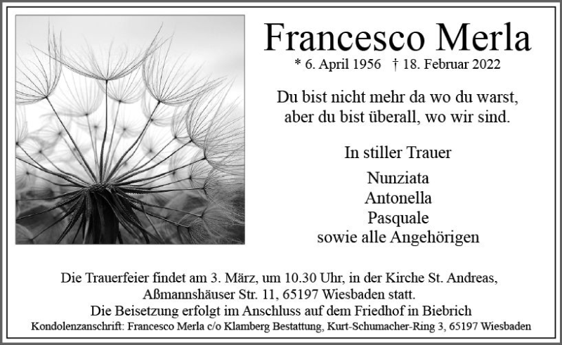  Traueranzeige für Francesco Merla vom 26.02.2022 aus vrm-trauer Wiesbadener Kurier