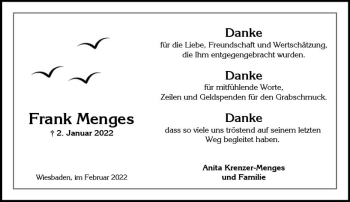 Traueranzeige von Frank Menges von vrm-trauer Wiesbadener Kurier