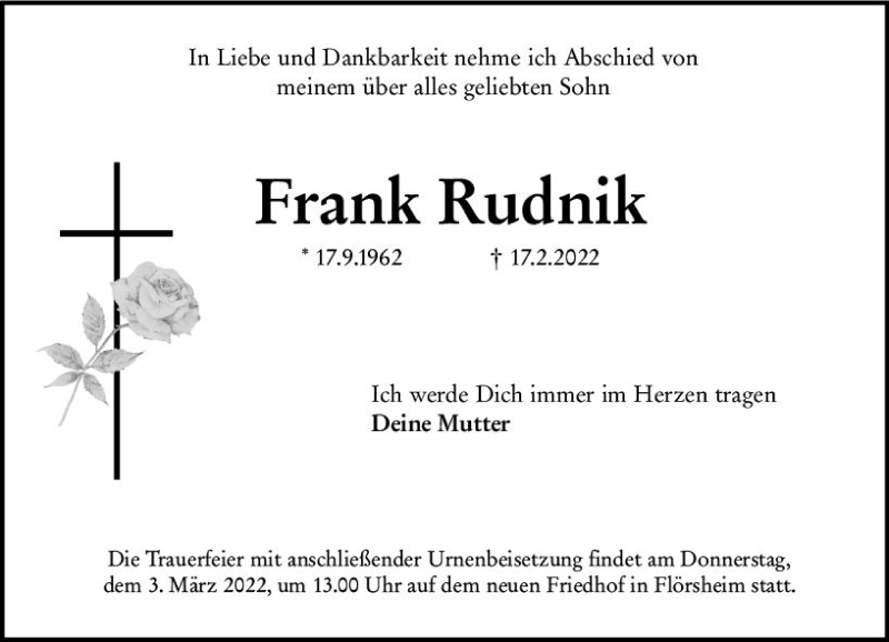  Traueranzeige für Frank Rudnik vom 26.02.2022 aus vrm-trauer Rüsselsheimer Echo / MainSpitze