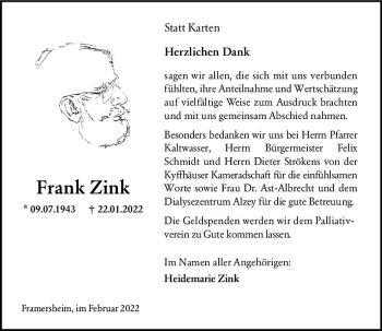 Traueranzeige von Frank Zink von vrm-trauer Allgemeine Zeitung Alzey