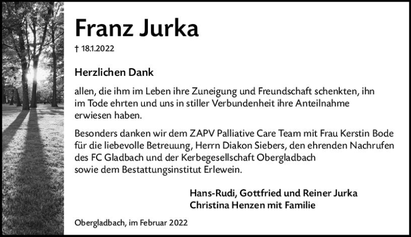  Traueranzeige für Franz Jurka vom 05.02.2022 aus vrm-trauer WK-UTA