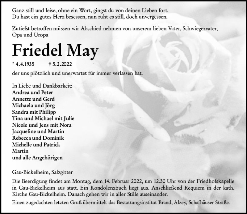 Traueranzeige für Friedel May vom 10.02.2022 aus vrm-trauer Allgemeine Zeitung Alzey