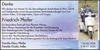 Traueranzeige von Friedrich Pfeifer von vrm-trauer Odenwälder Echo