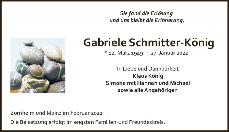  Traueranzeige für Gabriele Schmitter-König vom 05.02.2022 aus vrm-trauer AZ Mainz