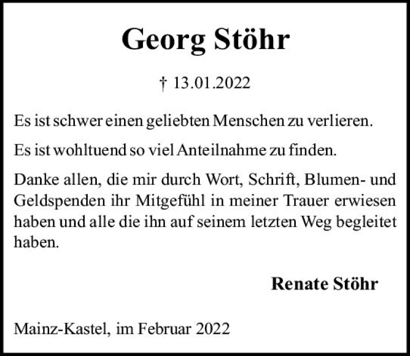  Traueranzeige für Georg Stöhr vom 19.02.2022 aus vrm-trauer Wiesbadener Kurier