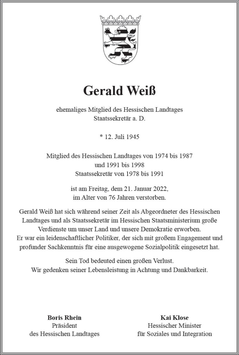  Traueranzeige für Gerald Weiß vom 05.02.2022 aus vrm-trauer DieburgerAnzeiger/Groß-Zimmerner Lokala