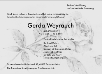 Traueranzeige von Gerda Weyrauch von vrm-trauer Rüsselsheimer Echo / MainSpitze