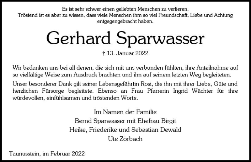  Traueranzeige für Gerhard Sparwasser vom 05.02.2022 aus vrm-trauer Wiesbadener Kurier