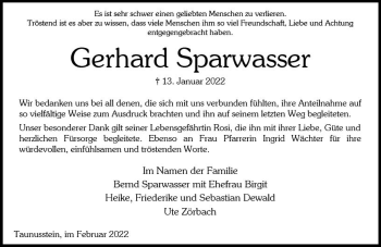 Traueranzeige von Gerhard Sparwasser von vrm-trauer Wiesbadener Kurier