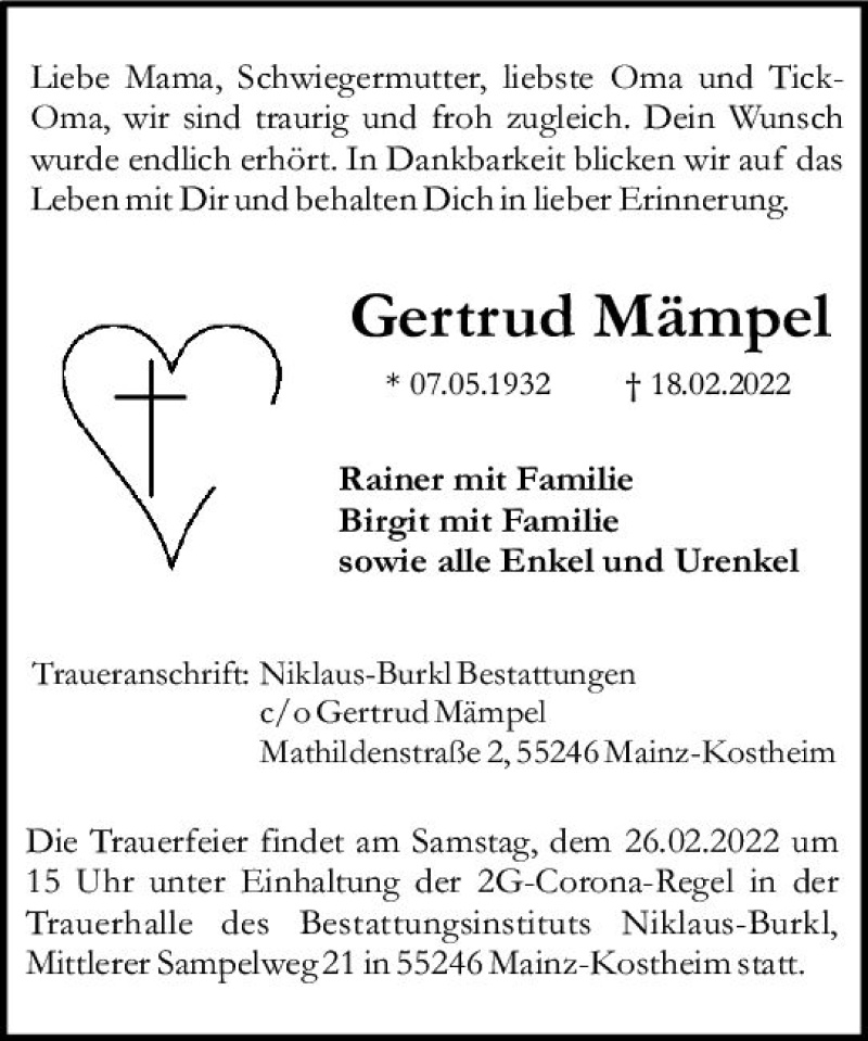  Traueranzeige für Gertrud Mämpel vom 25.02.2022 aus vrm-trauer AZ Mainz