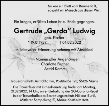 Traueranzeige von Gertrude Ludwig von vrm-trauer AZ Mainz