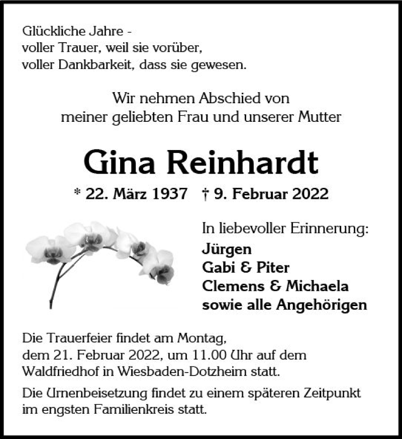  Traueranzeige für Gina Reinhardt vom 12.02.2022 aus vrm-trauer Wiesbadener Kurier
