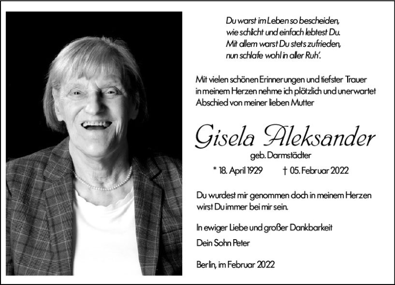  Traueranzeige für Gisela Aleksander vom 12.02.2022 aus vrm-trauer Darmstädter Echo