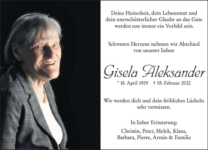  Traueranzeige für Gisela Aleksander vom 19.02.2022 aus vrm-trauer Darmstädter Echo