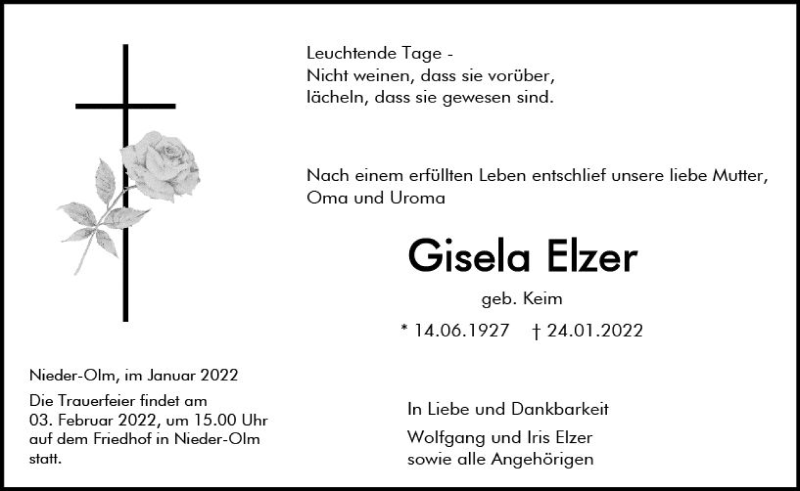  Traueranzeige für Gisela Elzer vom 01.02.2022 aus vrm-trauer AZ Mainz