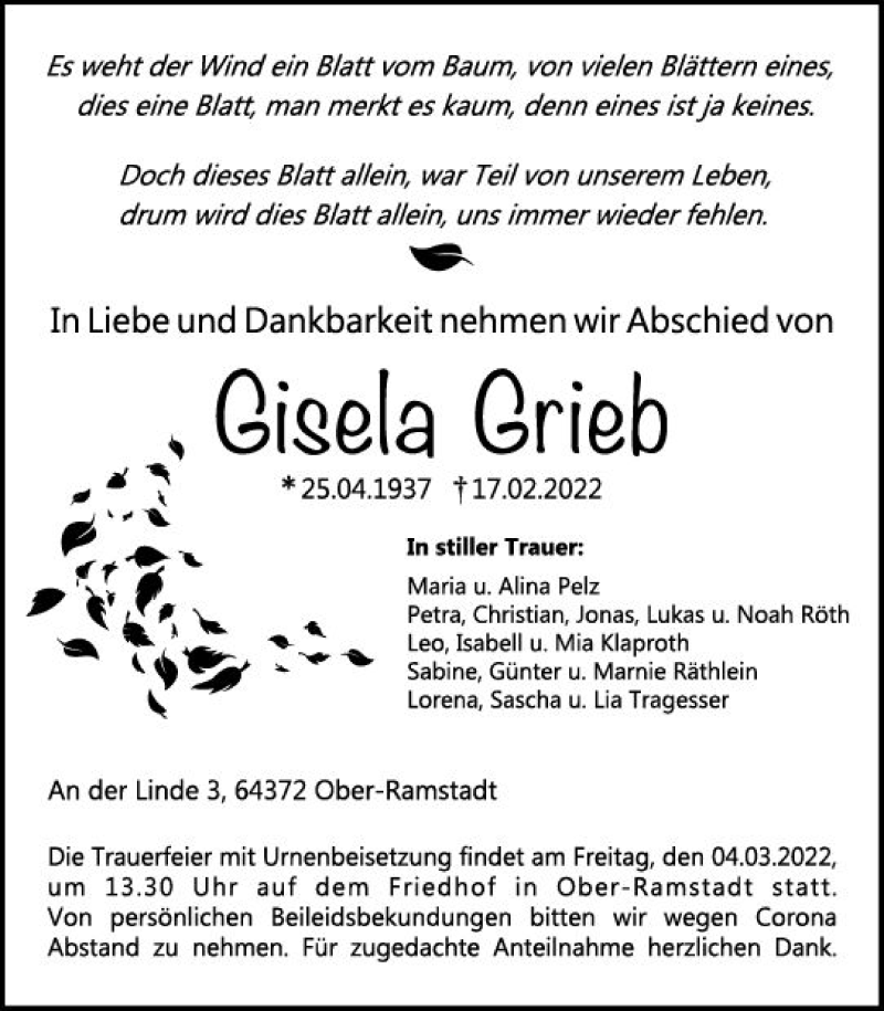  Traueranzeige für Gisela Grieb vom 26.02.2022 aus vrm-trauer Darmstädter Echo