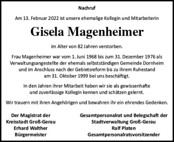 Traueranzeige von Gisela Magenheimer von vrm-trauer Groß-Gerauer Echo