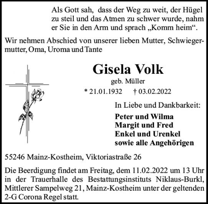  Traueranzeige für Gisela Volk vom 09.02.2022 aus vrm-trauer AZ Mainz