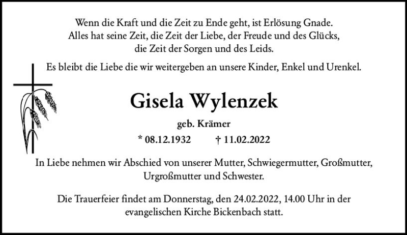  Traueranzeige für Gisela Wylenzek vom 19.02.2022 aus vrm-trauer Darmstädter Echo