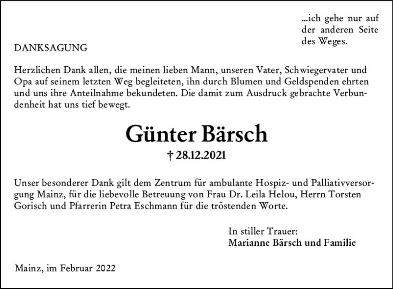  Traueranzeige für Günter Bärsch vom 05.02.2022 aus vrm-trauer AZ Mainz