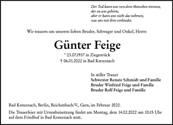 Traueranzeige von Günter Feige von vrm-trauer Allg. Zeitung Bad Kreuznach