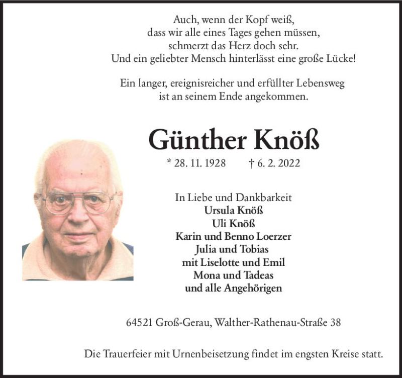  Traueranzeige für Günther Knöß vom 12.02.2022 aus vrm-trauer Groß-Gerauer Echo