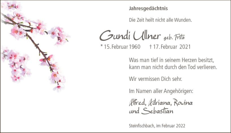  Traueranzeige für Gundi Ullner vom 17.02.2022 aus vrm-trauer Idsteiner Zeitung