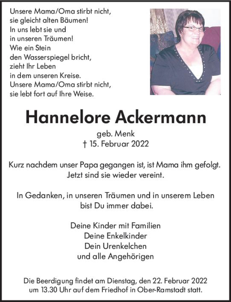  Traueranzeige für Hannelore Ackermann vom 19.02.2022 aus vrm-trauer Darmstädter Echo