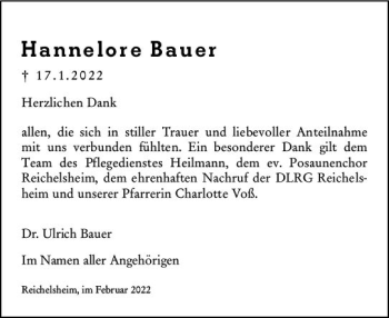 Traueranzeige von Hannelore Bauer von vrm-trauer Odenwälder Echo