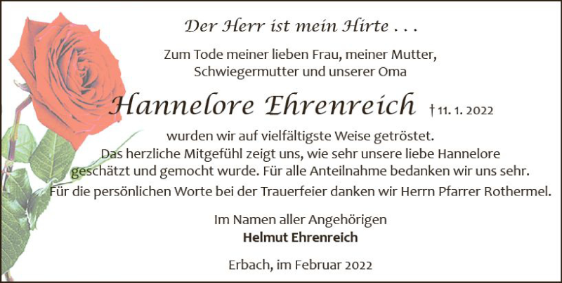  Traueranzeige für Hannelore Ehrenreich vom 19.02.2022 aus vrm-trauer Odenwälder Echo